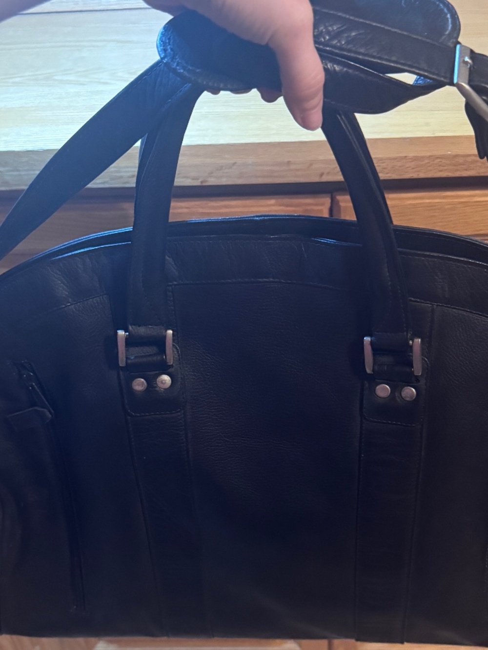 Large Leather Black Computer Business Bag With Handles & Shoulder Strap 19X16X6